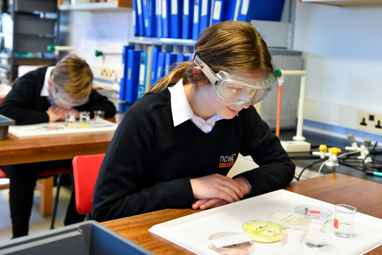 Student in Science lesson wearing protective eyewear and looking at different materials