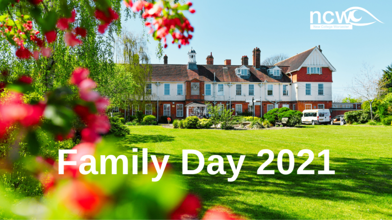 NCW building in focus on a sunny, bright day with colourful blossom in the foreground. The text 'Family Day 2021' placed across the image