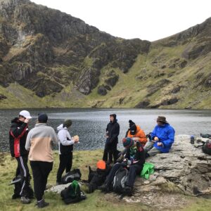 Another view of the beautiful lake with students in the forefront stopping for their snack!