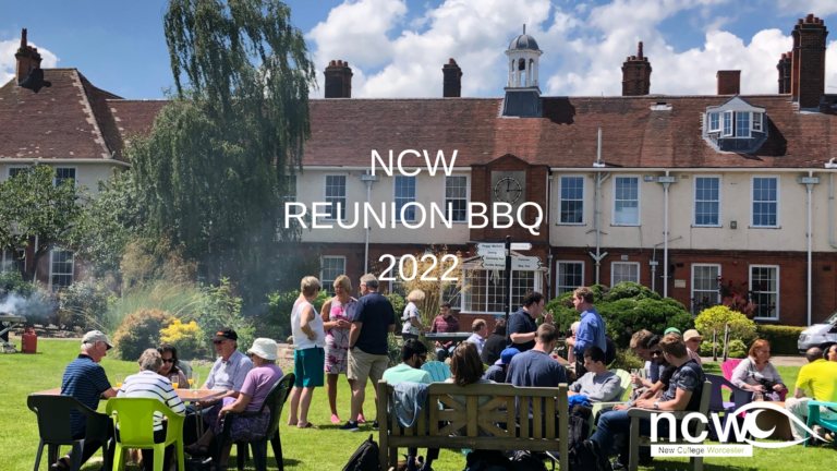 Former students and staff are socialising outside with the NCW building in the background