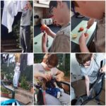 Collage of student doing washing at home, vacuuming and coring an apple