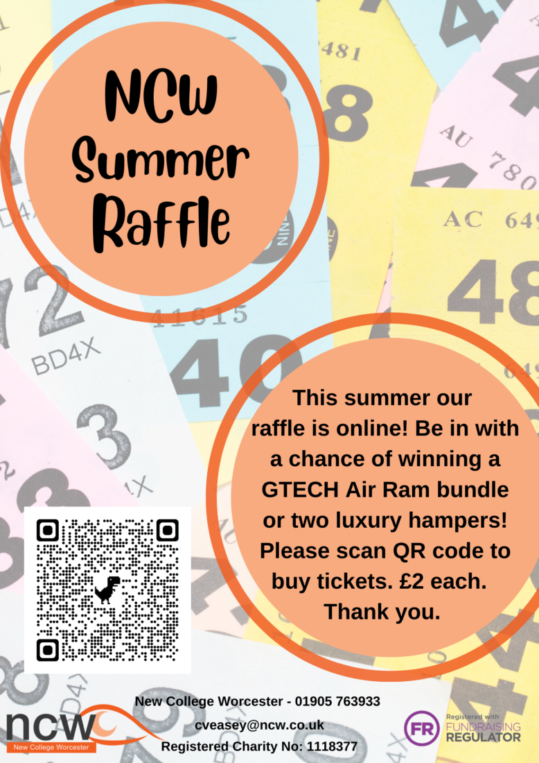 poster for the raffle. There is the text NCW summer raffle. The background is raffle tickets and there is details of the prizes.