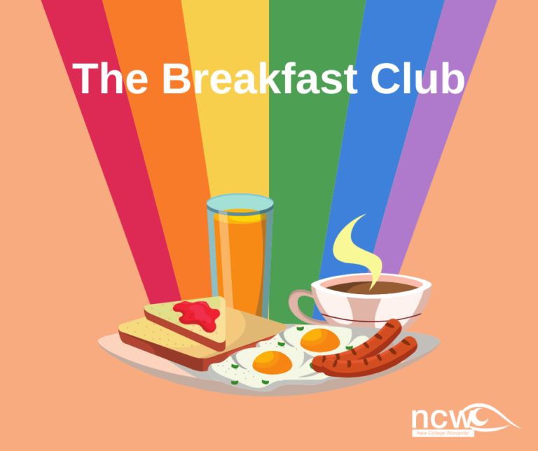 Graphic of a cooked breakfast with juice, and rainbow colours in the background