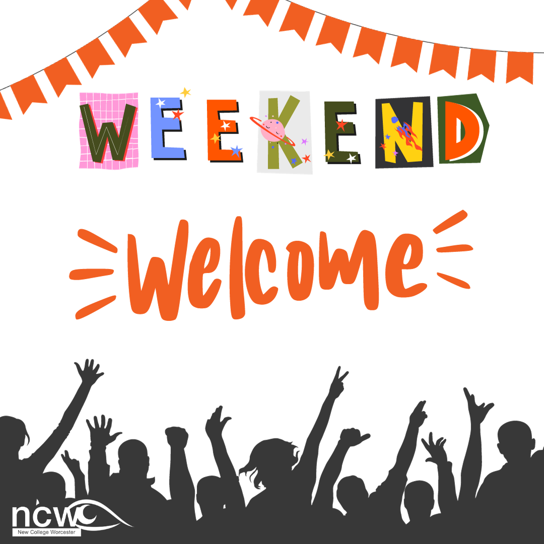 Promo image for the 'Weekend Welcome' club. There is orange bunting, an image of people cheering and the text 'Weekend Welcome'