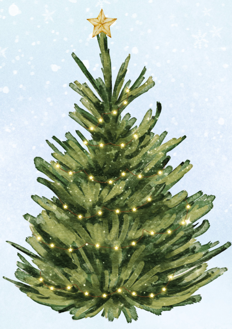 The NCW Christmas tree! The tree is very green with bushy branches. There are yellow fairy lights in the shape of tiny stars and a yellow/gold star at the top of the tree. The background is a pail blue with snow and icicles