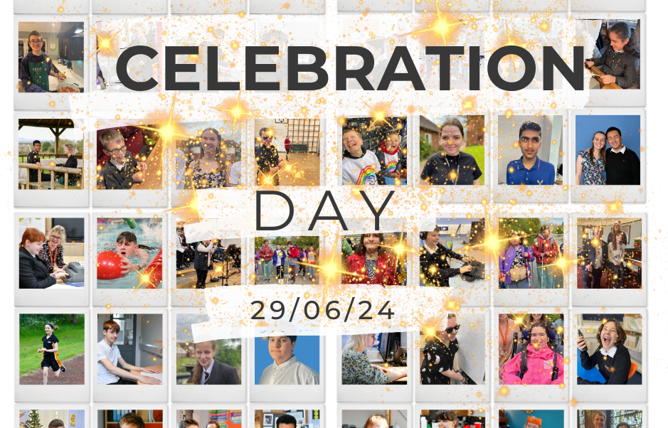 A collage of photos arranged in a grid format, with the words "Celebration Day" and the date "29/06/24" prominently displayed in the center. The images show various people engaging in activities like swimming, working, playing, and smiling. Sparkling effects are overlaid on the collage, adding a festive touch. The photos highlight diverse moments of joy and accomplishment.