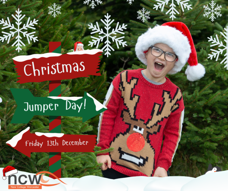 promo image of a child wearing a santa hat and xmas jumper smiling