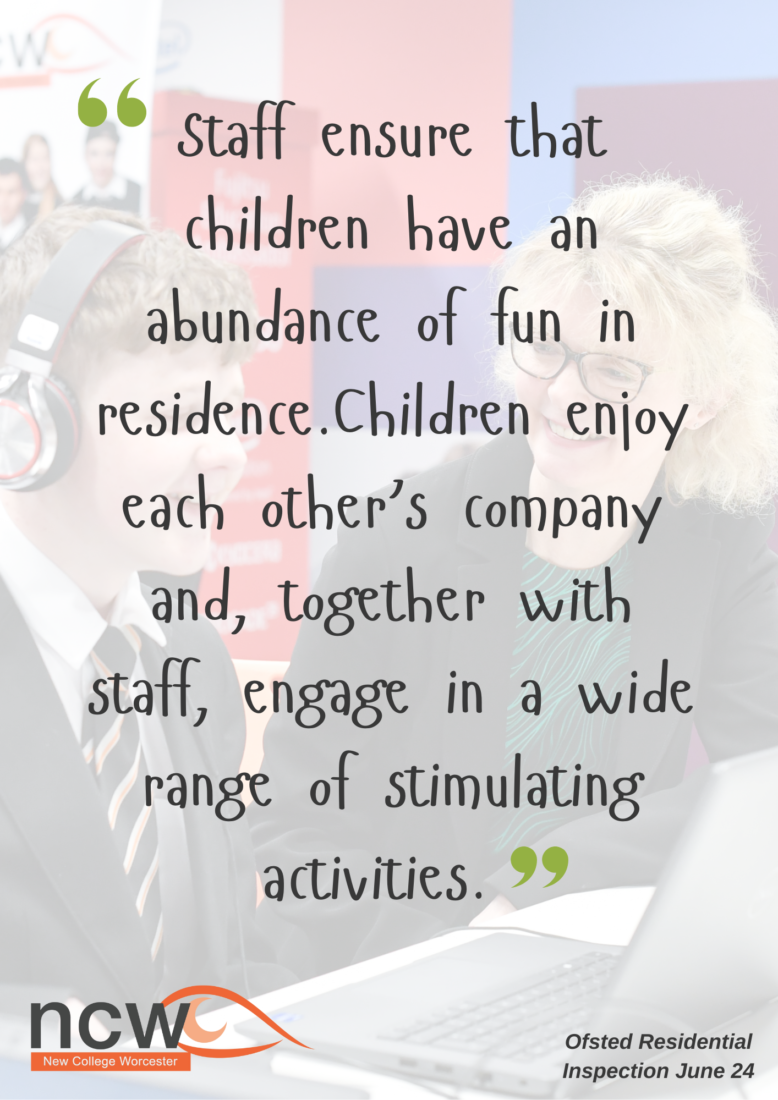 Text overlay with a testimonial quote. In the blurred background, individuals are seen wearing headsets, suggesting a communication or learning setting. The quote is from an Ofsted Residential Inspection dated June 24, "Staff ensure that children have an abundance of fun in residence.Children enjoy each other’s company and, together with staff, engage in a wide range of stimulating activities. ". The logo of New College Worcester appears at the bottom left, reinfo's identity.