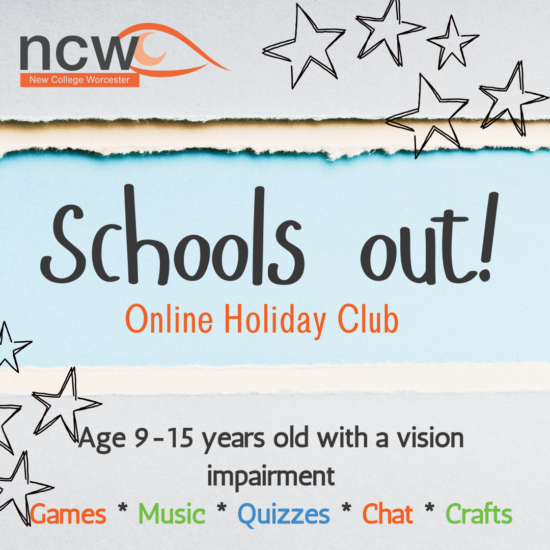 promo image for "Schools out! Online holiday club! The text is shown against ripped blue, grey and yellow paper