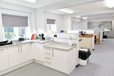 photo showing the kitchen area which has 3 kitchen bays in the sixth form communal kitchen