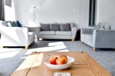 photograph of a bowl of apples on a coffee table.